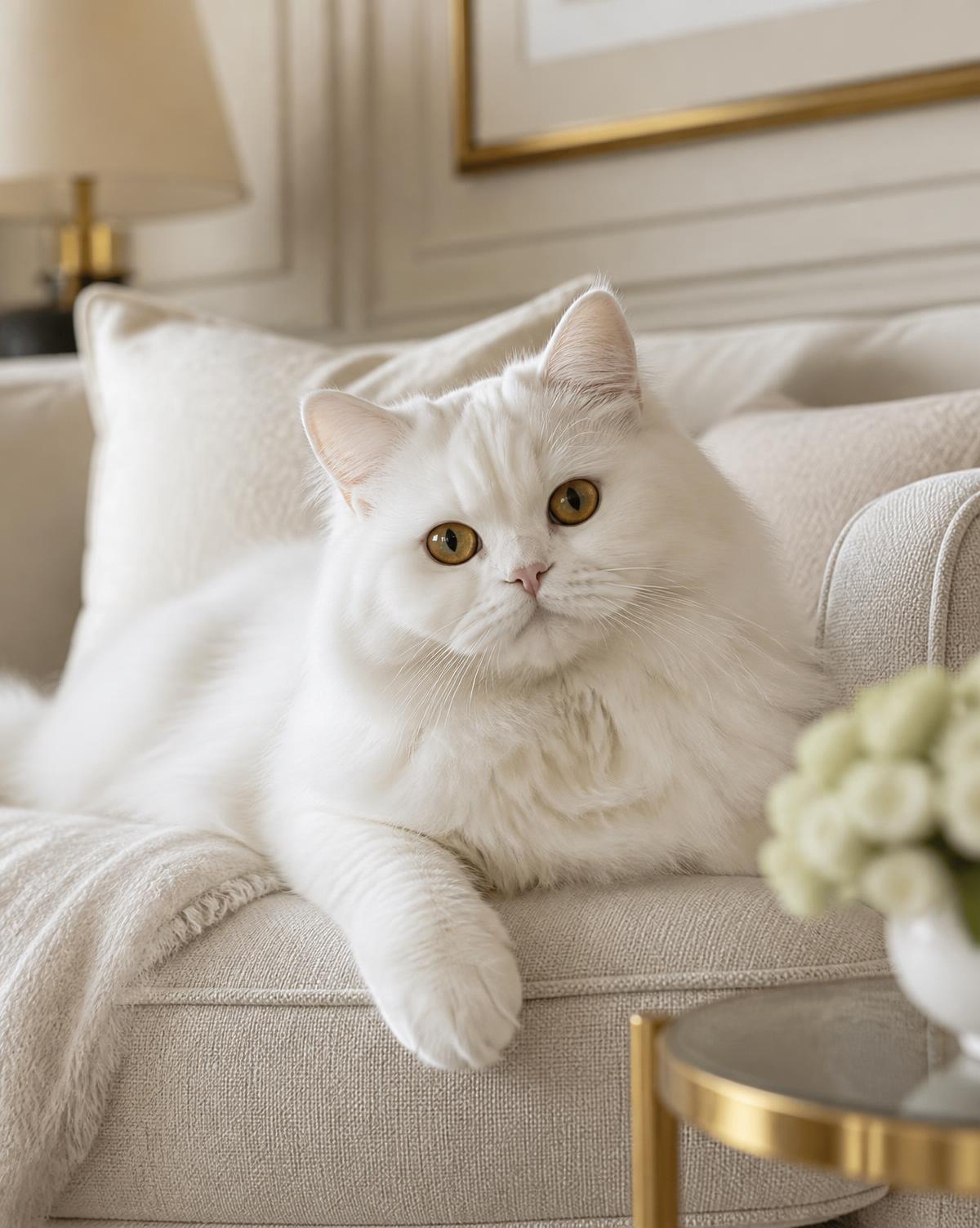 Pure white British Longhair cat with a soft, rounded face resting on cream linen