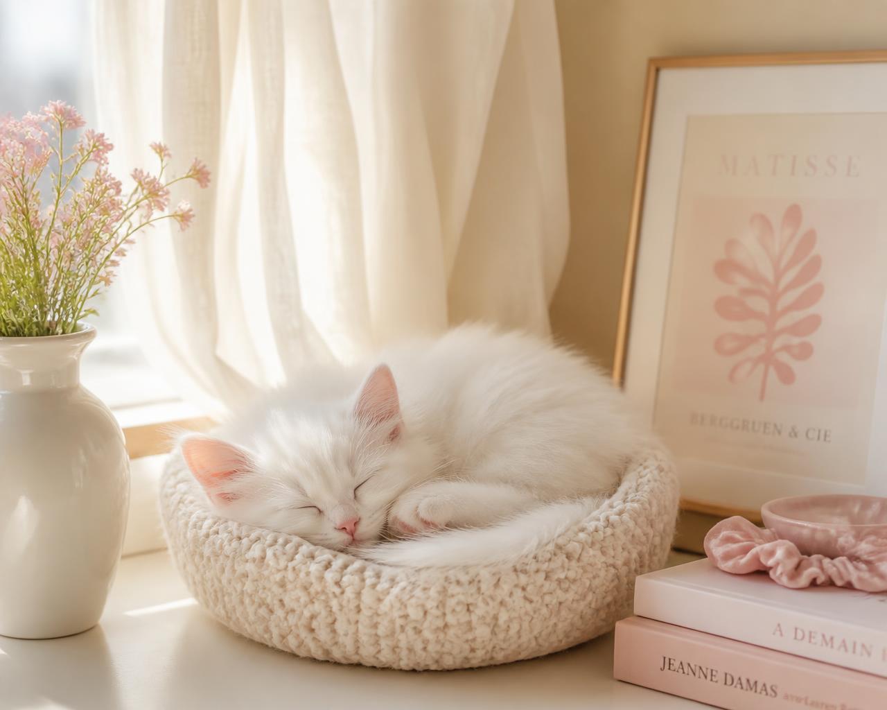 A kitten asleep in a knitted basket beside a sunlit window